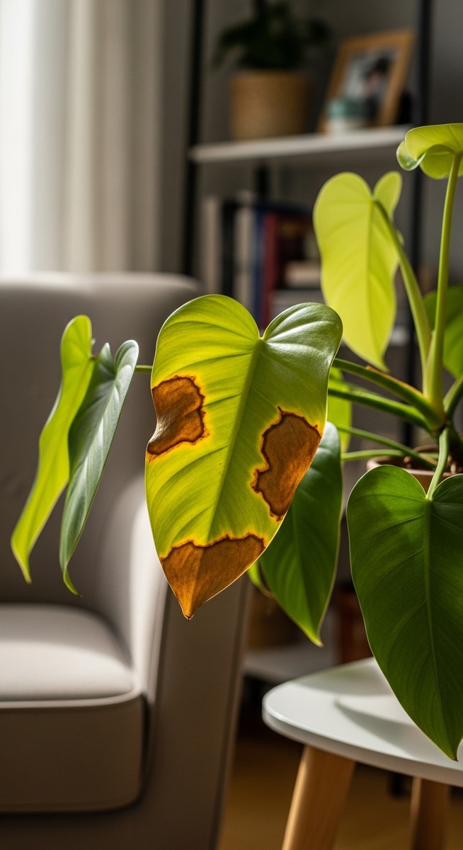 a philodendron plant with brown spotted leaves in a home setting