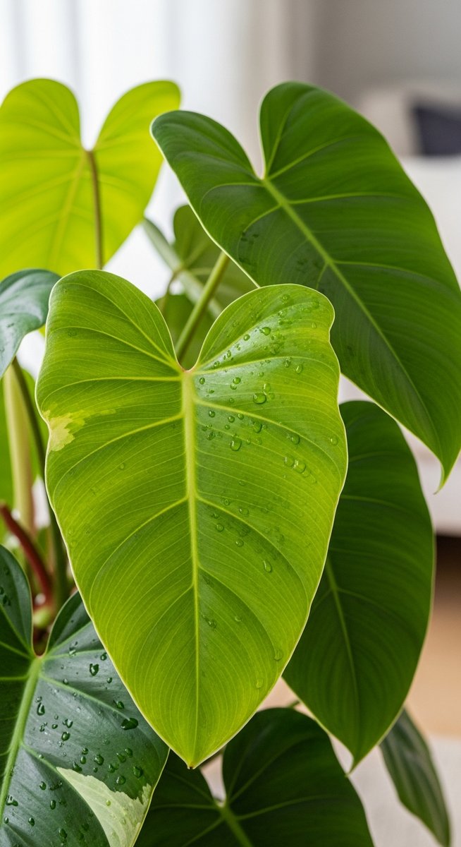 close-up of philodendron leaves looking lush in a bright home interior