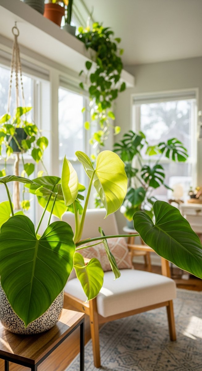 a philodendron thriving in a bright home interior, for philodendron light needs