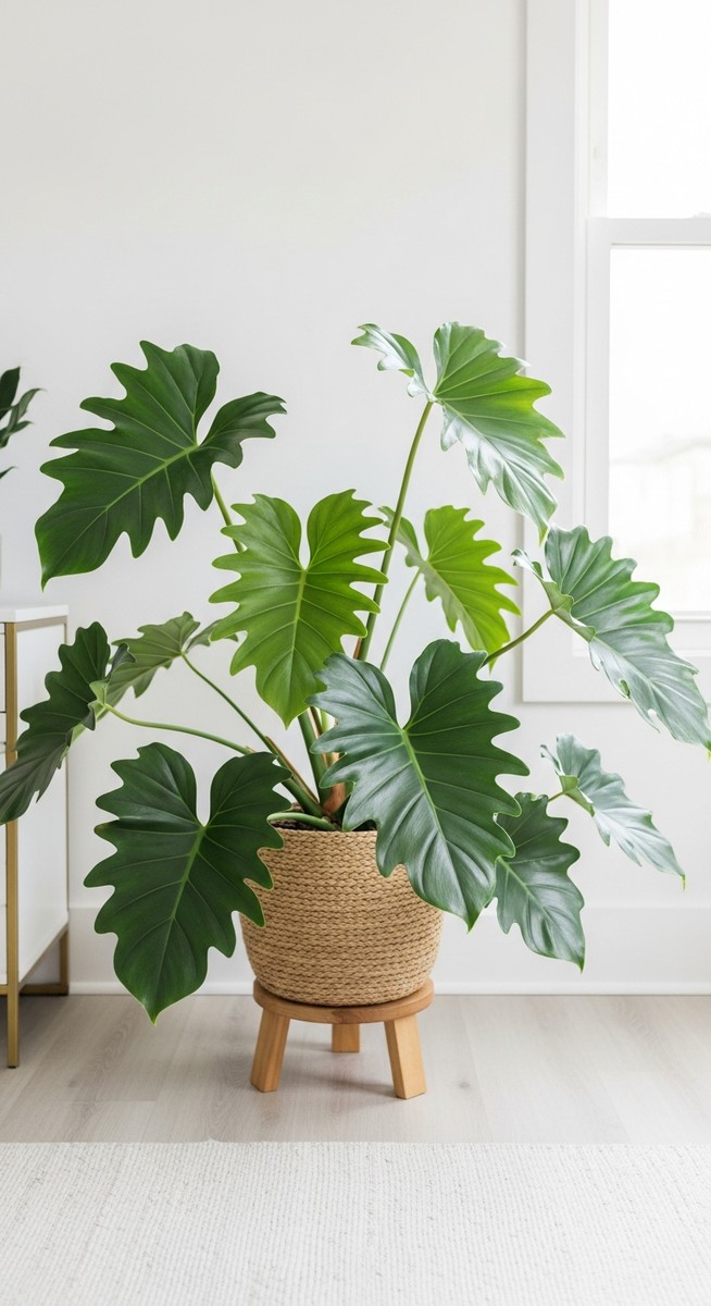 wide shot of a philodendron positioned in a bright home interior