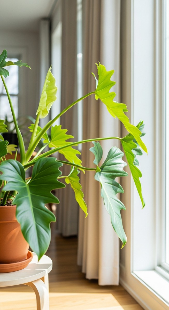a philodendron growing toward the light source in a bright home interior, for philodendron light needs