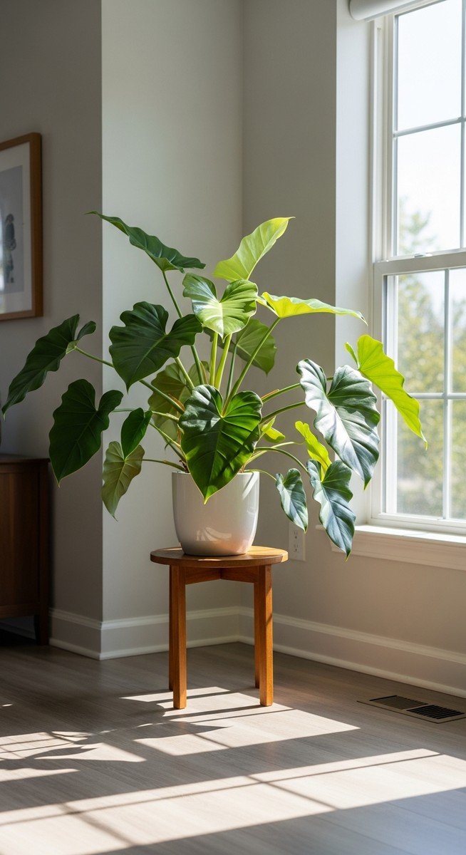 a philodendron with its leaves oriented toward the light in a bright home interior