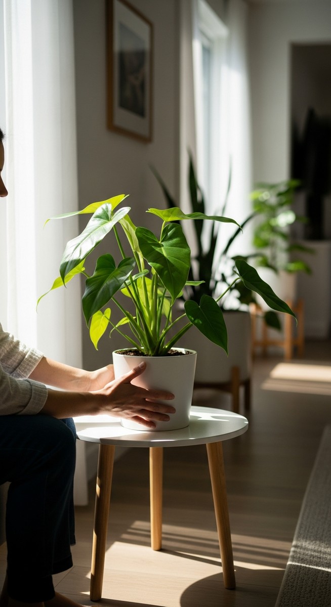 a person placing a philodendron in the ideal spot in a bright home interior, for philodendron light needs
