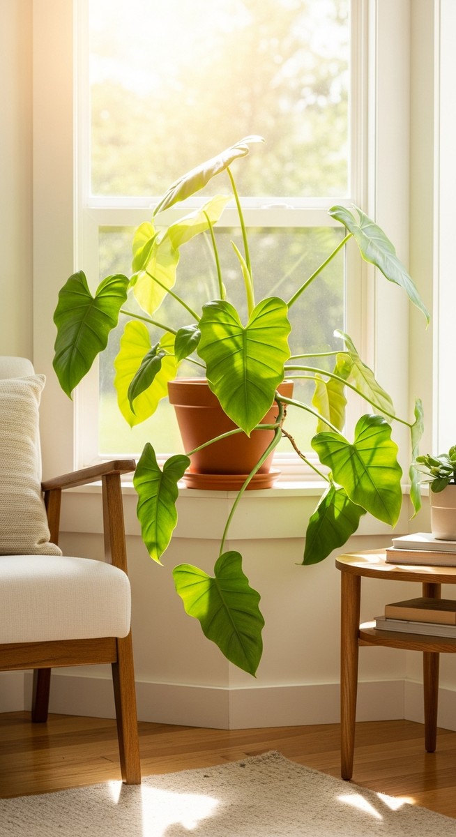a philodendron in the brightest spot of a bright home interior