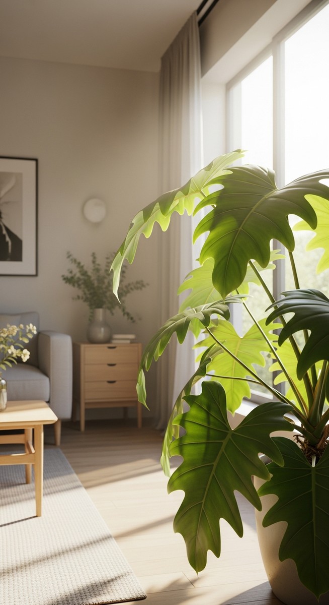 a philodendron with its leaves oriented toward the light in a bright home interior