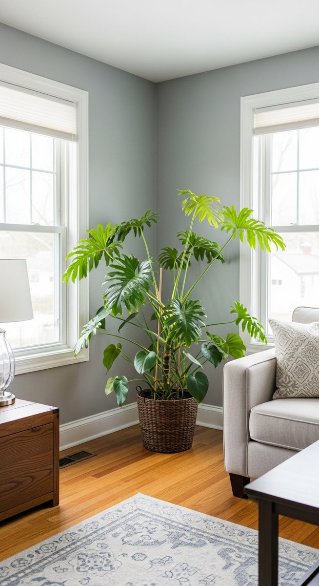 a large thriving philodendron plant as a living room focal point, for philodendron micans