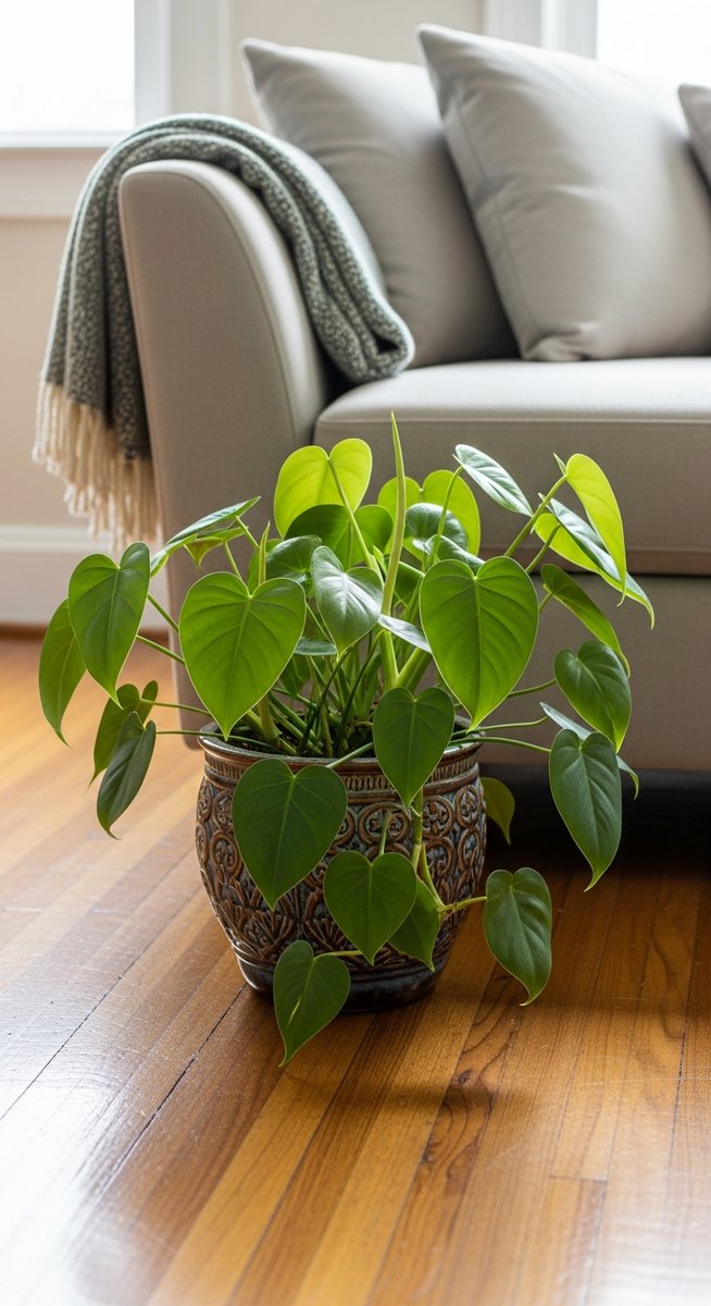 a philodendron plant in a decorative pot on a wooden floor