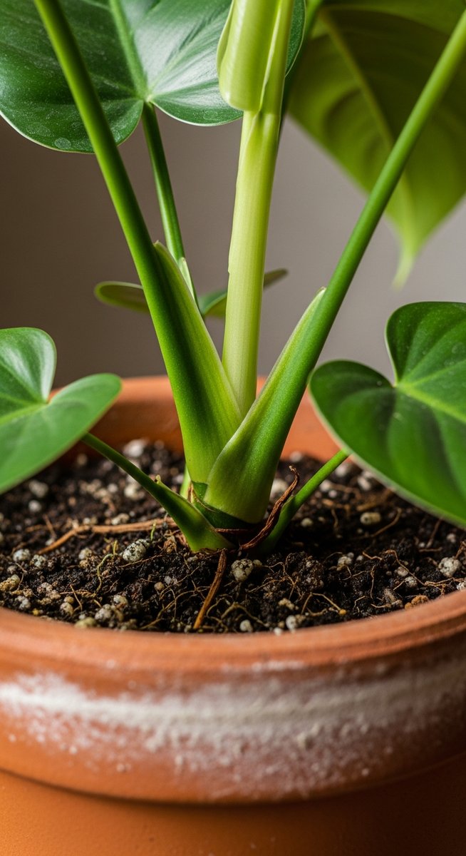 close-up of the base and lower leaves of a philodendron plant, for philodendron micans