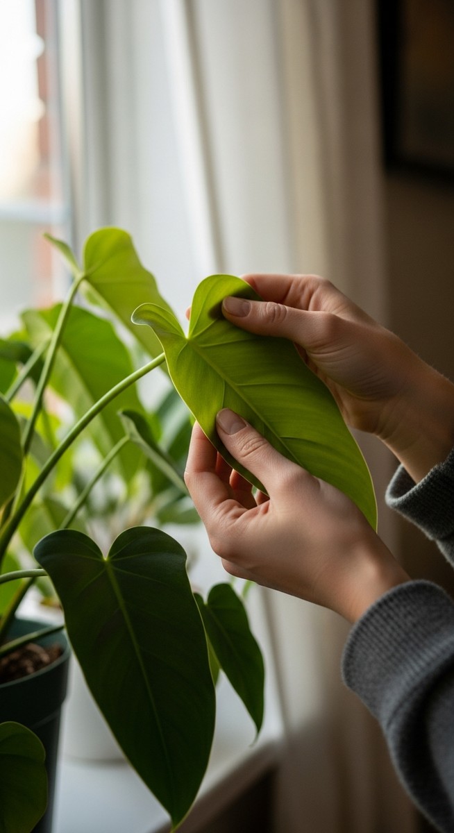 hands touching the leaves of a healthy philodendron plant
