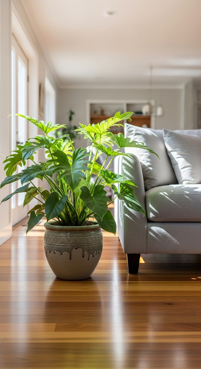 a philodendron plant in a decorative pot on a wooden floor