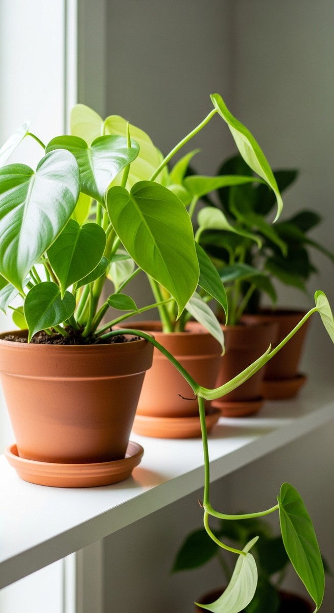 a lush philodendron plant in a terracotta pot on a white shelf