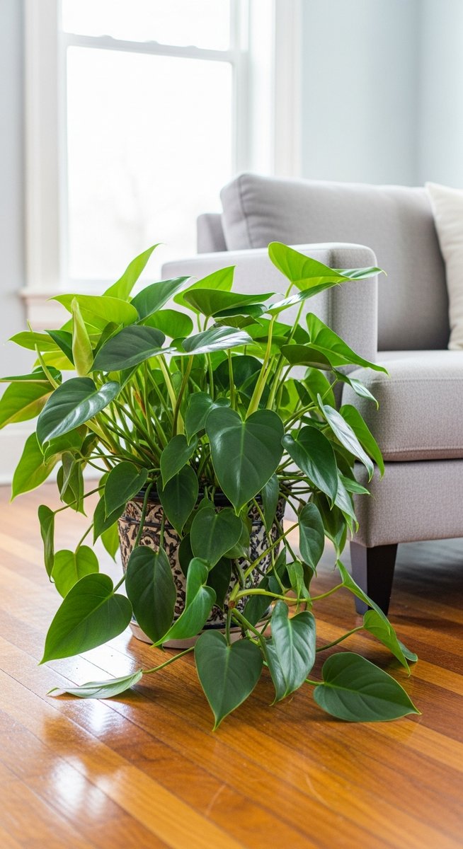 a philodendron plant in a decorative pot on a wooden floor