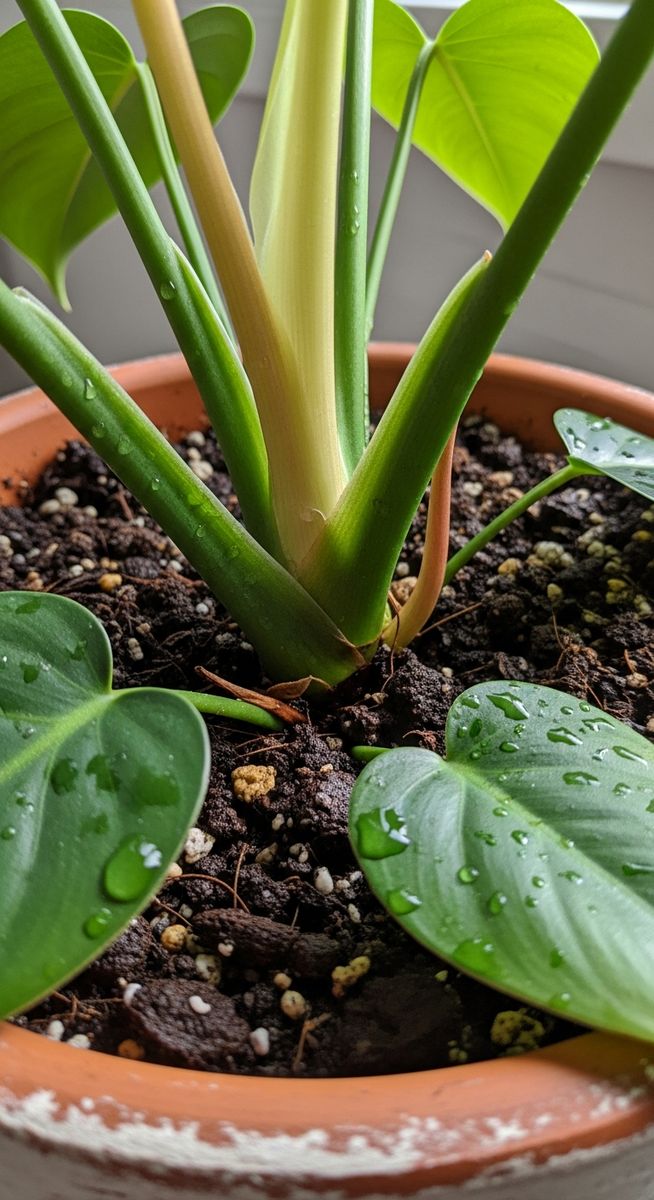 close-up of the base and lower leaves of a philodendron plant, for philodendron not growing