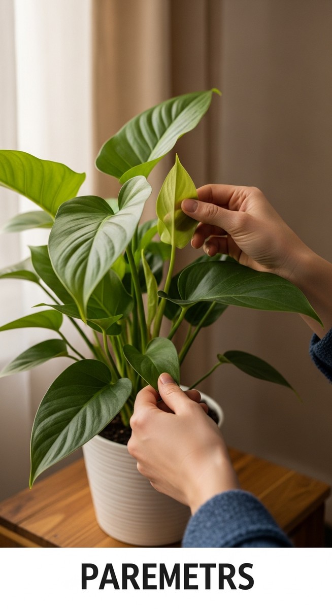 hands touching the leaves of a healthy philodendron plant