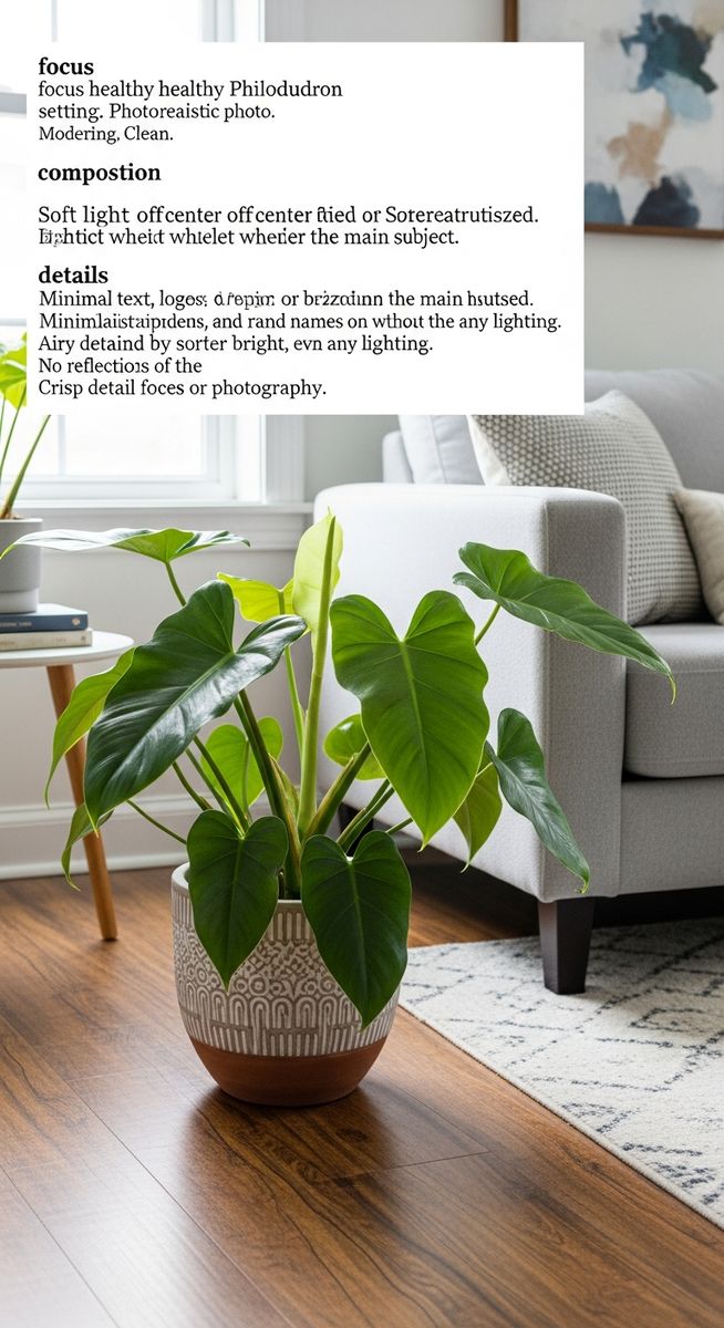 a philodendron plant in a decorative pot on a wooden floor