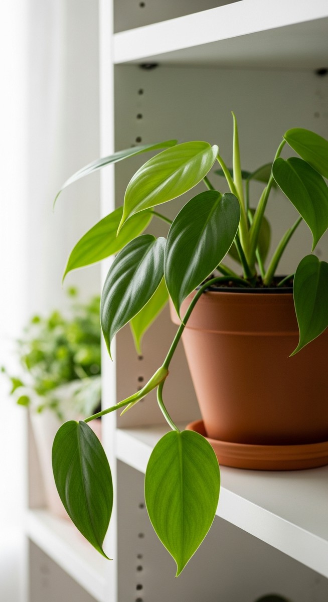 a lush philodendron plant in a terracotta pot on a white shelf