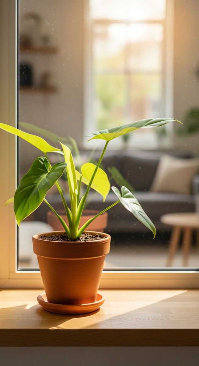 a philodendron plant in a pot near a bright window