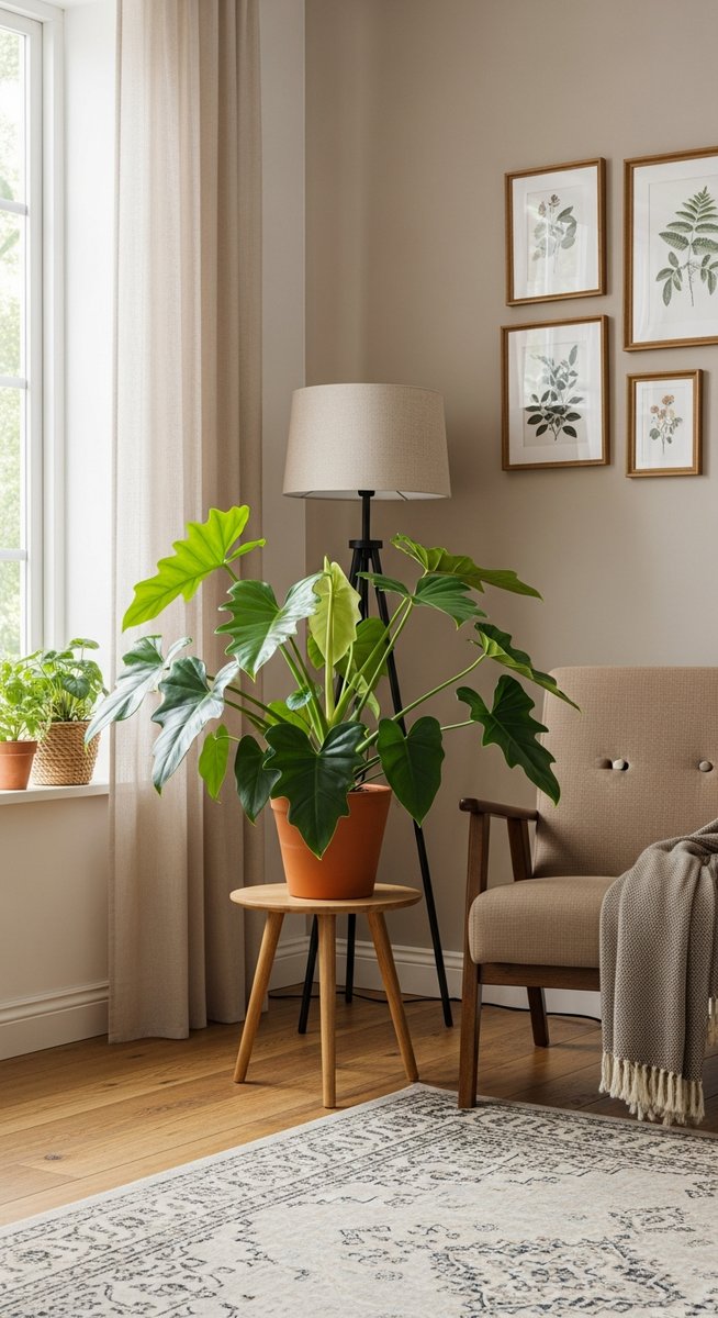 a large thriving philodendron plant as a living room focal point, for philodendron rio