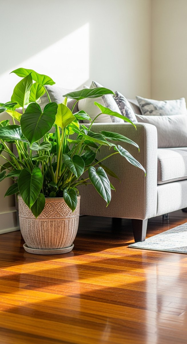 a philodendron plant in a decorative pot on a wooden floor