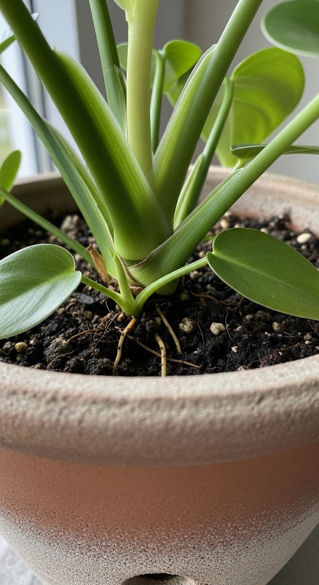 close-up of the base and lower leaves of a philodendron plant, for philodendron rio