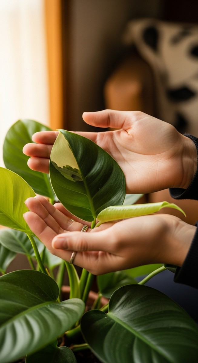hands touching the leaves of a healthy philodendron plant