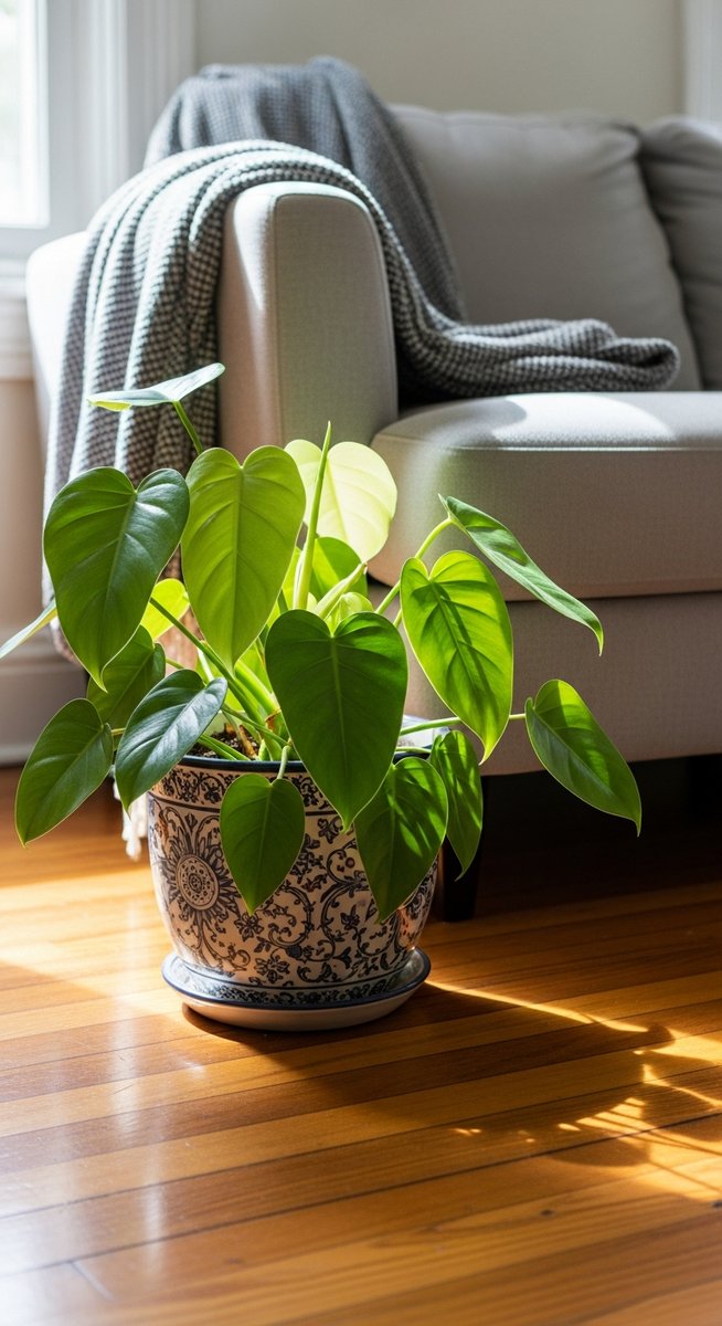 a philodendron plant in a decorative pot on a wooden floor