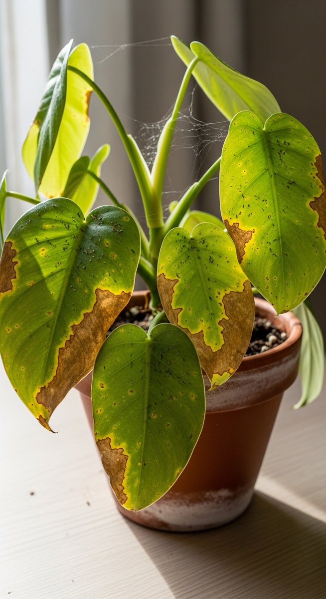 a philodendron plant with visibly pest-damaged leaves, for philodendron root rot
