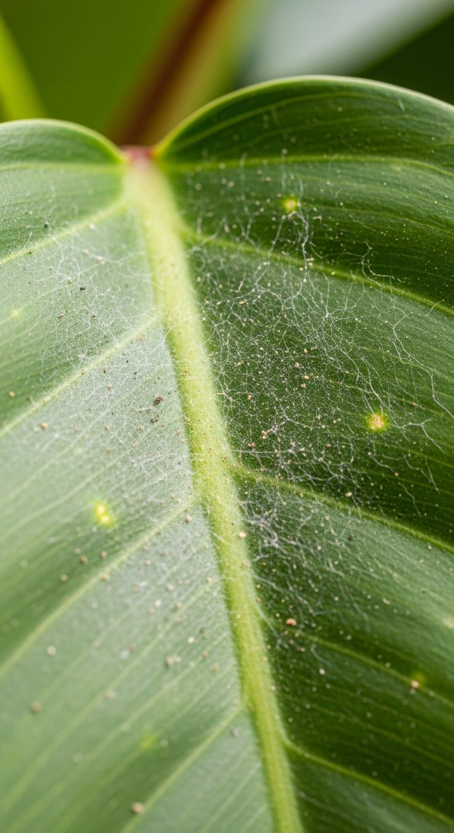 close-up of a philodendron leaf showing webbing from spider mites