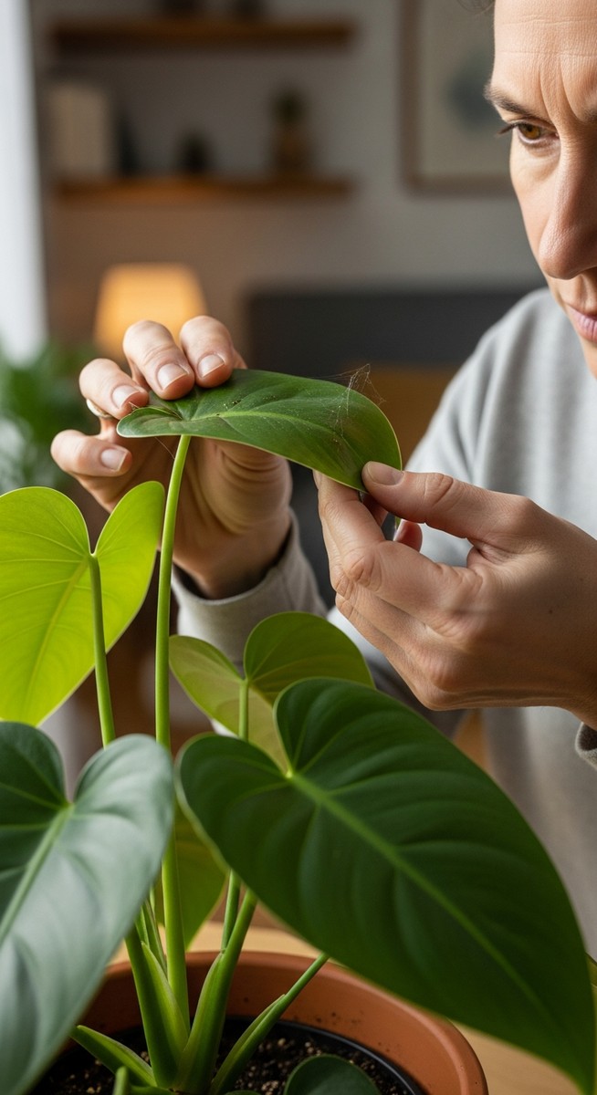 a person inspecting a philodendron plant for signs of pest infestation, for philodendron root rot