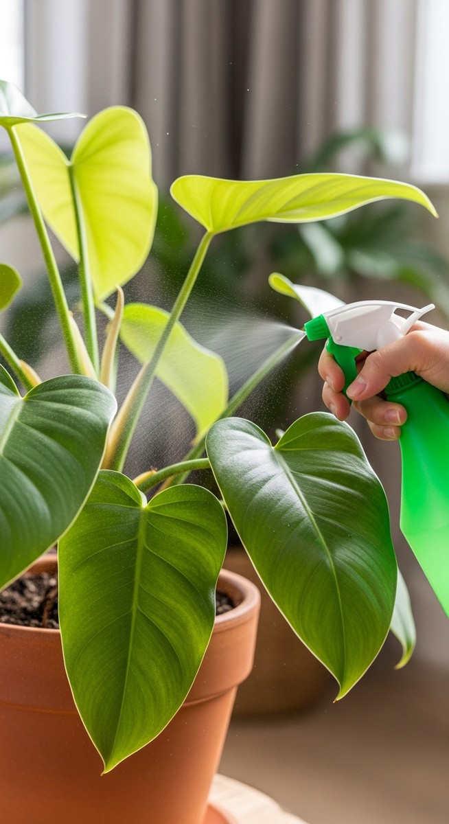 a philodendron plant being treated with a spray bottle for pests, for philodendron root rot