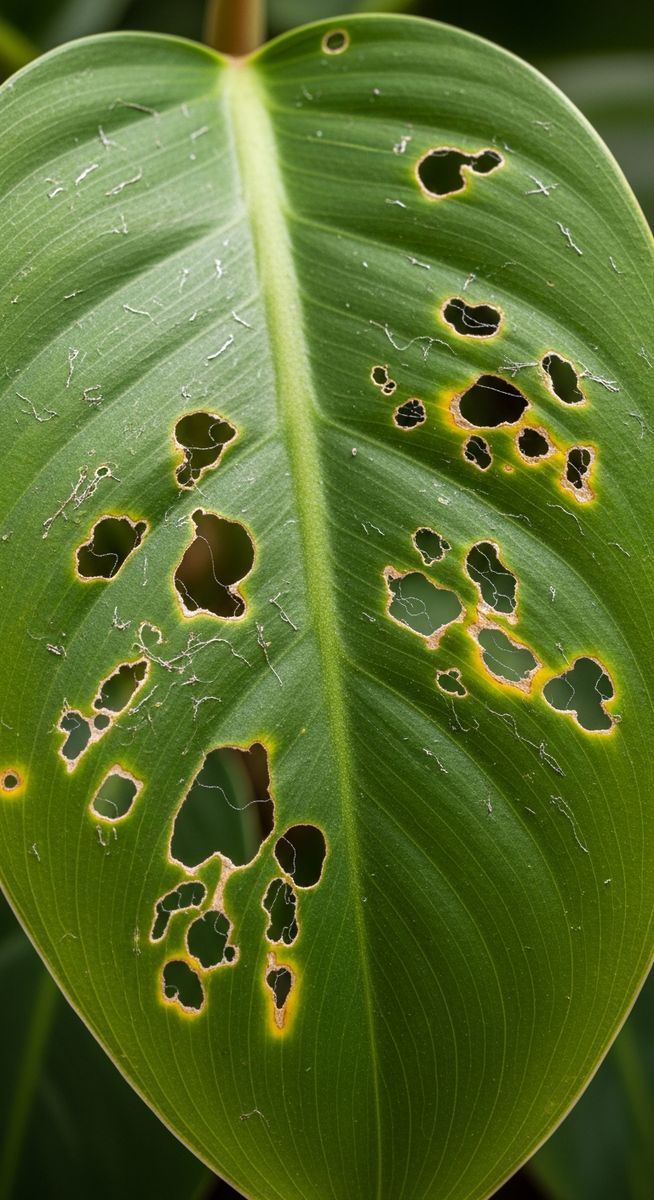 close-up of pest damage on a philodendron leaf
