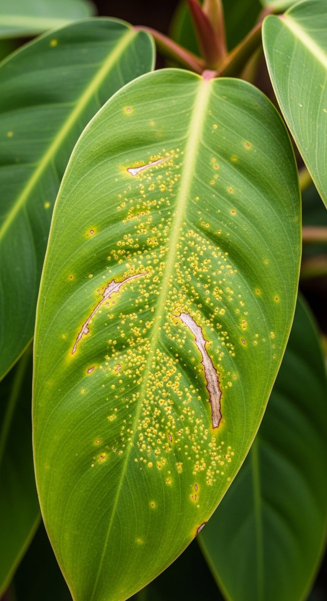 close-up of philodendron leaves showing stippling from pest damage