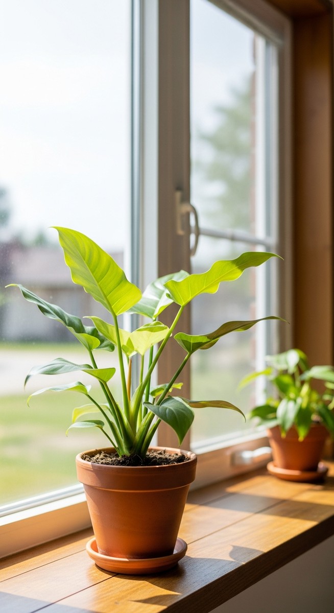 a philodendron plant in a pot near a bright window