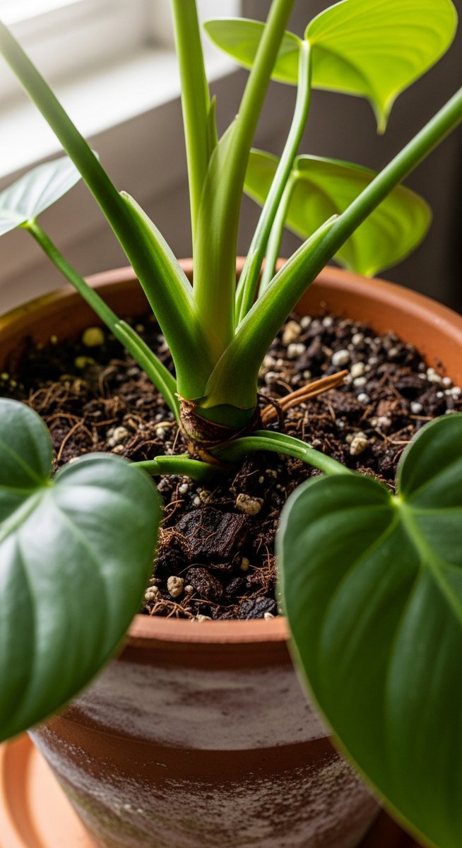 close-up of the base and lower leaves of a philodendron plant, for philodendron spiritus sancti