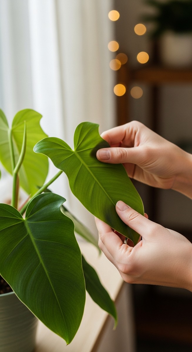 hands touching the leaves of a healthy philodendron plant
