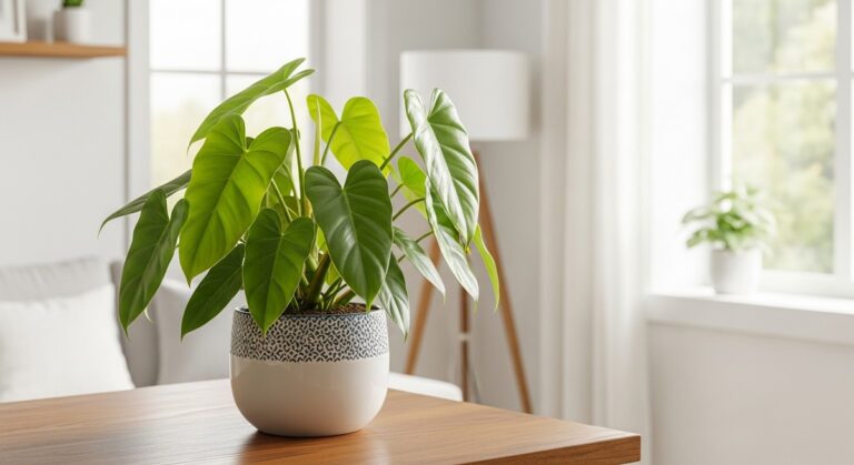 a healthy philodendron plant displayed in a bright modern living room, for philodendron spiritus sancti