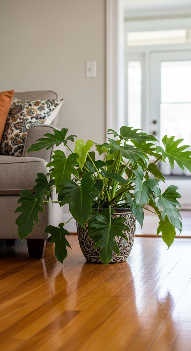 a philodendron plant in a decorative pot on a wooden floor