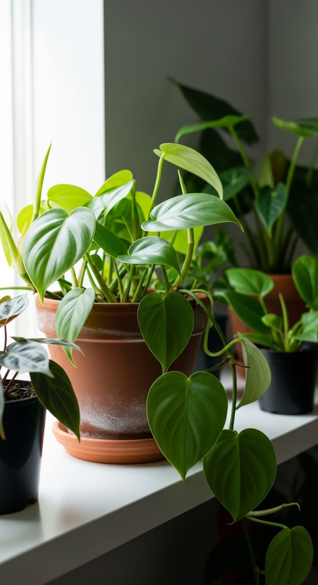 a lush philodendron plant in a terracotta pot on a white shelf