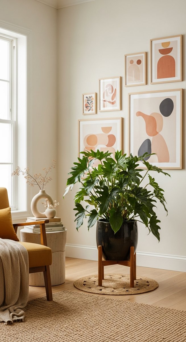 a large thriving philodendron plant as a living room focal point, for philodendron splendid