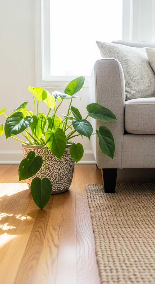 a philodendron plant in a decorative pot on a wooden floor