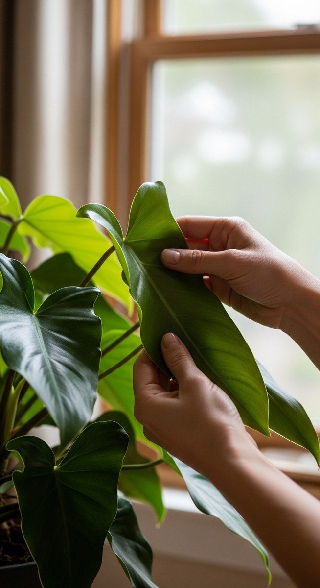 hands touching the leaves of a healthy philodendron plant