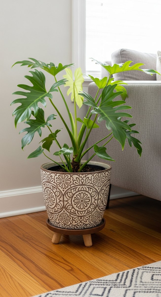 a philodendron plant in a decorative pot on a wooden floor