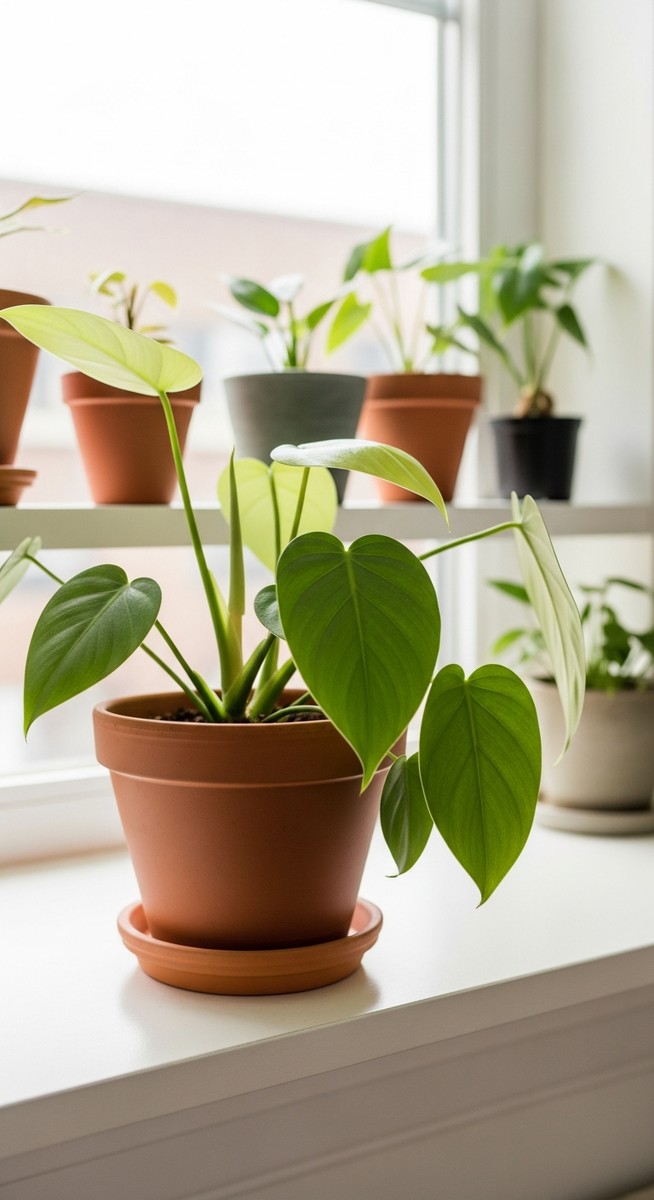 a lush philodendron plant in a terracotta pot on a white shelf