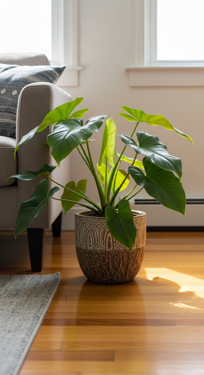 a philodendron plant in a decorative pot on a wooden floor