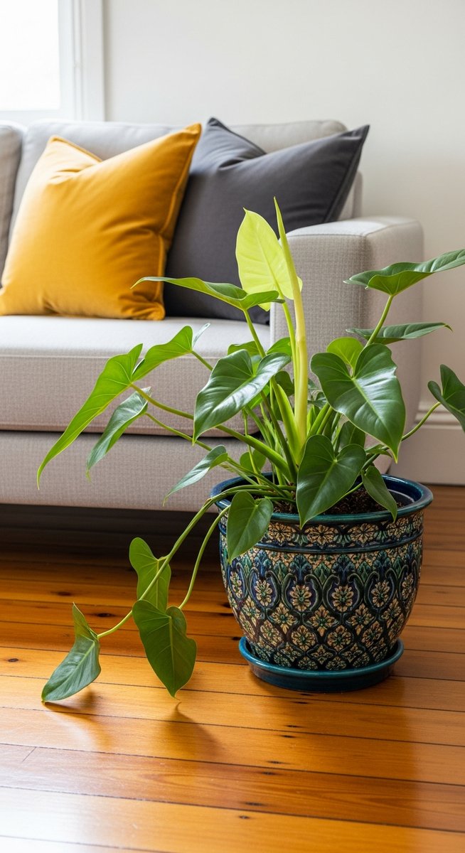a philodendron plant in a decorative pot on a wooden floor