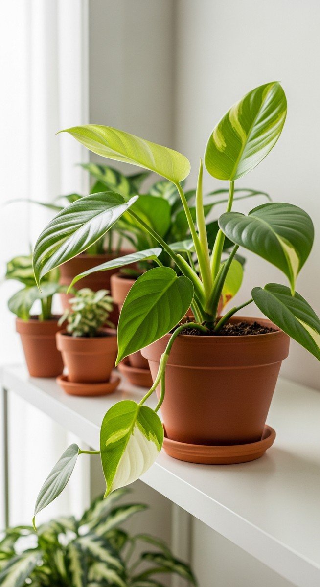 a lush philodendron plant in a terracotta pot on a white shelf
