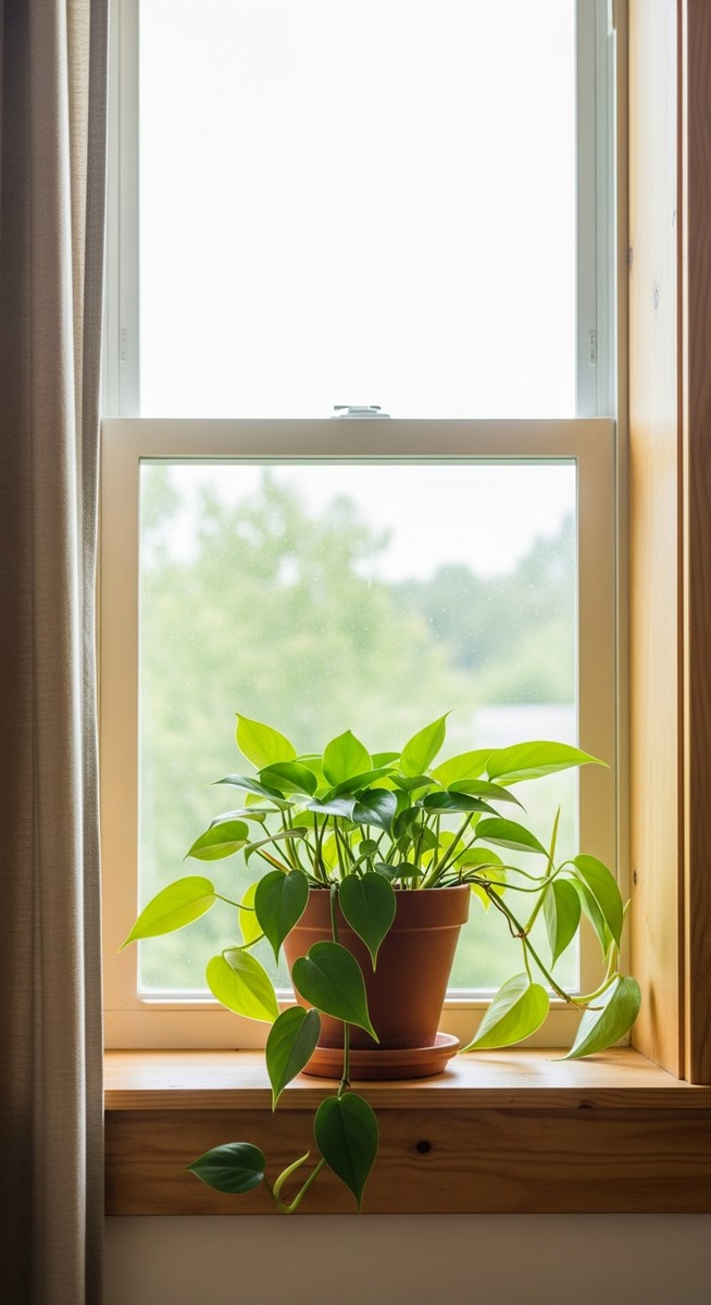 a philodendron plant in a pot near a bright window
