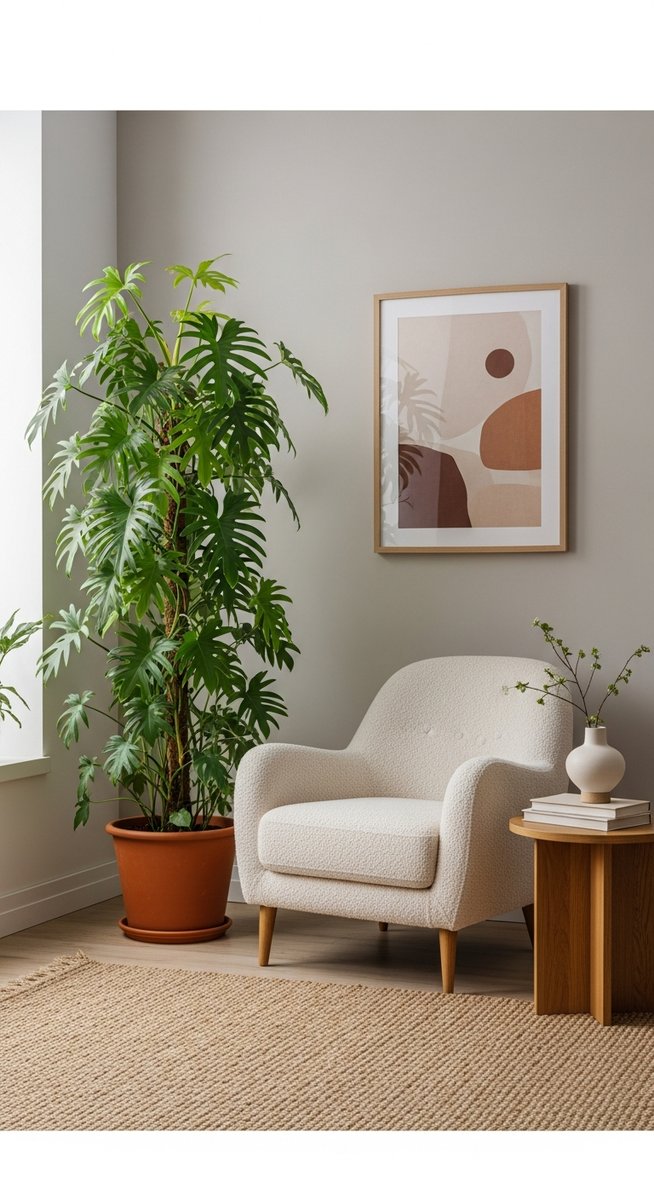a large thriving philodendron plant as a living room focal point, for philodendron verrucosum