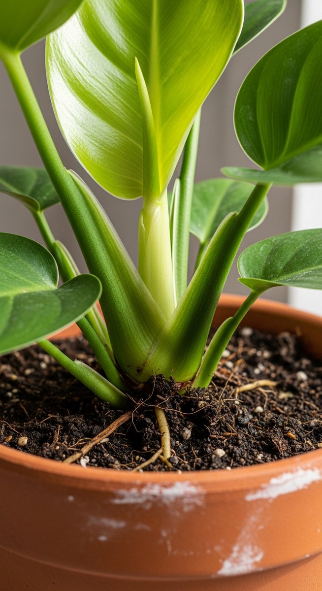 close-up of the base and lower leaves of a philodendron plant, for philodendron verrucosum