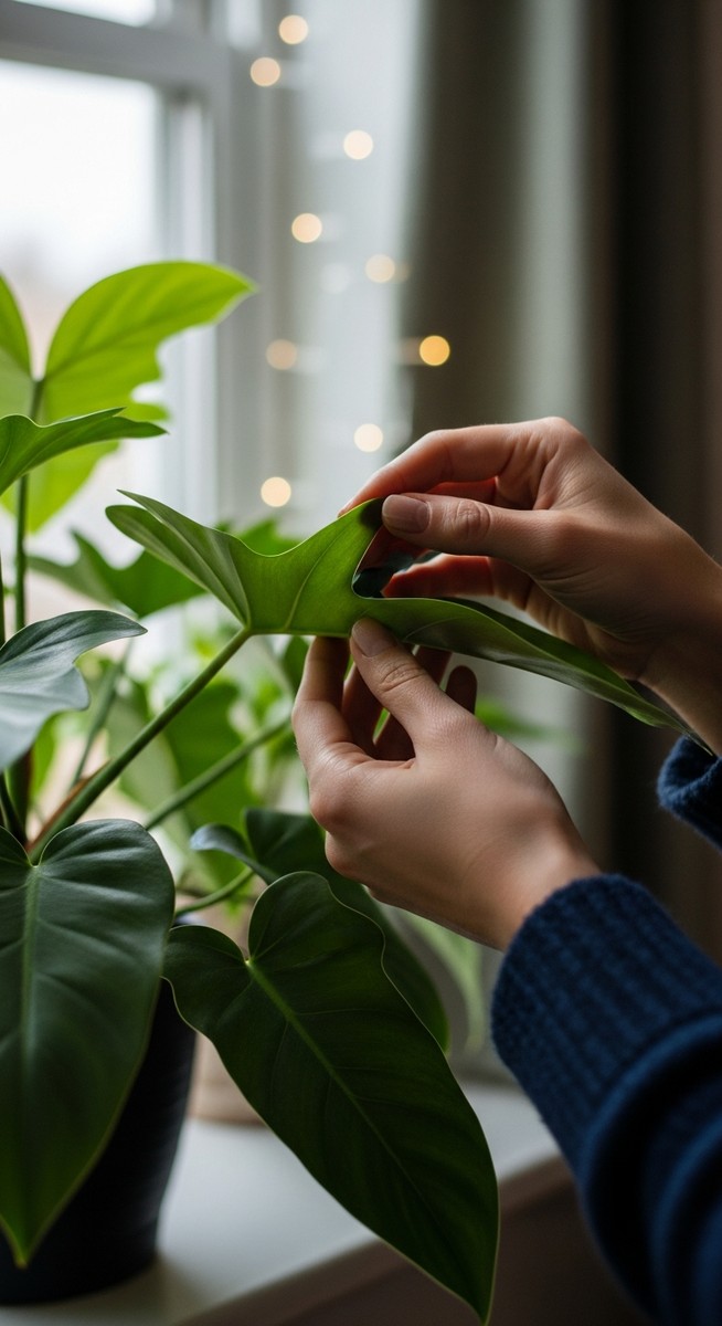 hands touching the leaves of a healthy philodendron plant
